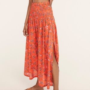 NWT J. Crew Smocked Floral Midi Skirt in Coral Pink with Slits